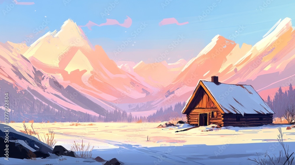 Wall mural Snowy log cabin set against a backdrop of majestic mountains