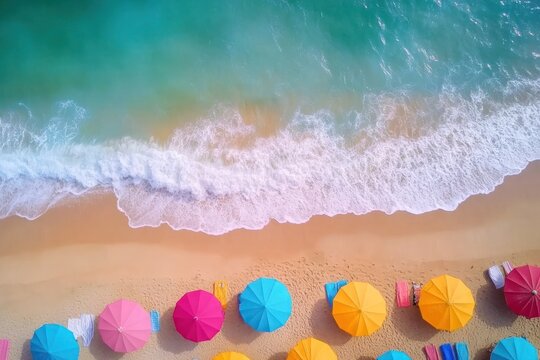 An aerial view of colorful umbrellas and towels on a lively beach, waves gently meeting the shore. Full ultra HD,