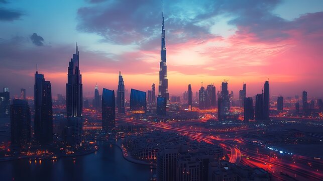 Dubai Skyline at Sunset Cityscape View
