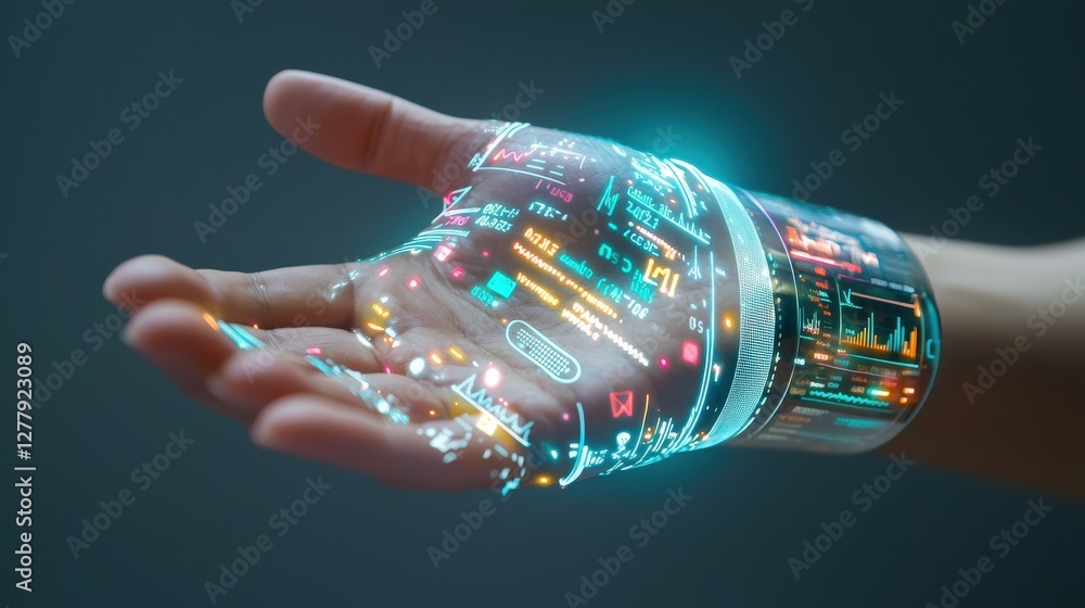 Poster futuristic hand with digital interface display
