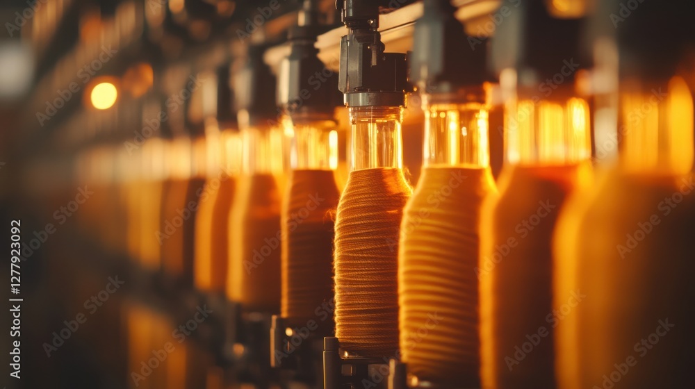 Aufkleber bottles on production line with warm light and soft reflection