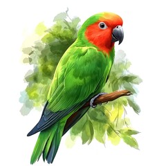 Fototapeta premium Vibrant Red-masked Lovebird Perched on Branch, Watercolor Style Illustration.