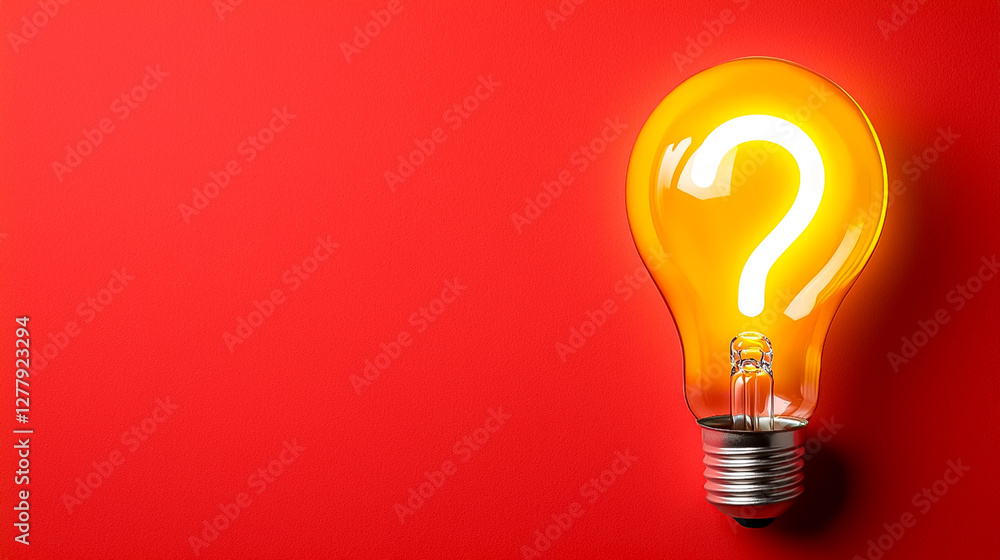 Poster glowing question mark lightbulb on red background