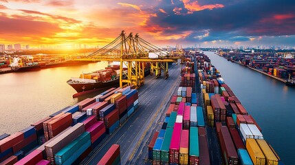 Global Trade: Sunset at the Container Port