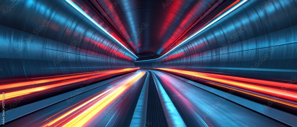 Poster futuristic tunnel with vibrant neon lights and motion blur creating a sense of speed and technologic