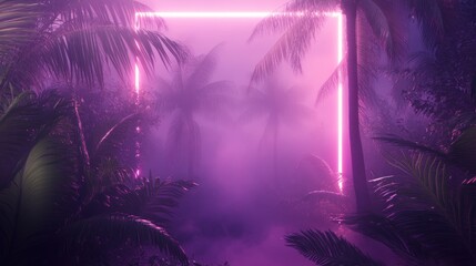 Neon rectangle illuminates tropical palms shrouded in purple fog
