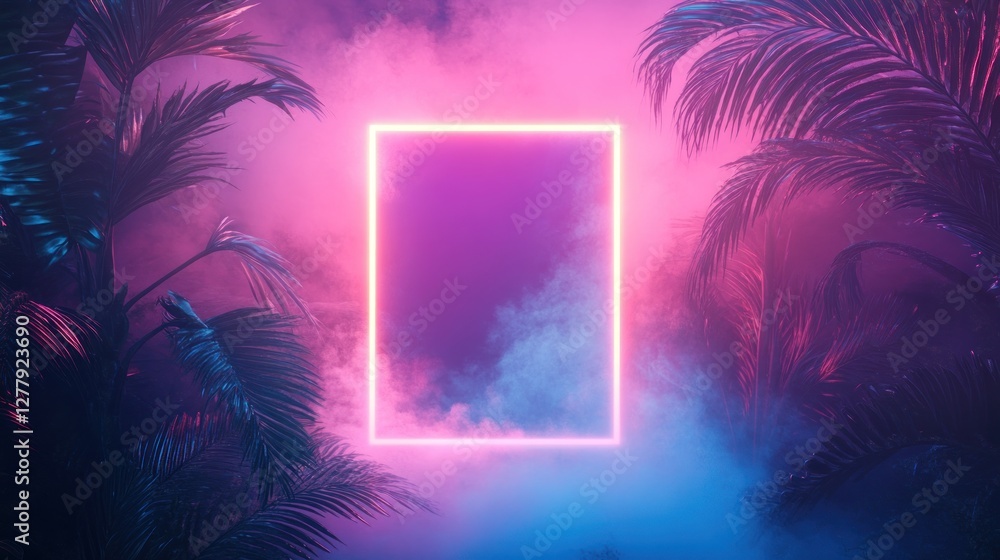Aufkleber neon rectangle surrounded by palm trees in a hazy atmosphere