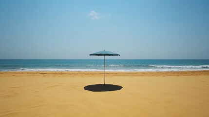 Turquoise umbrella casts a shadow on a beautiful sandy beach