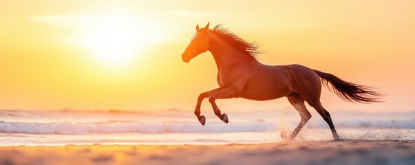 A majestic horse gallops along a sunlit beach, creating a picturesque scene of freedom and beauty at sunset.