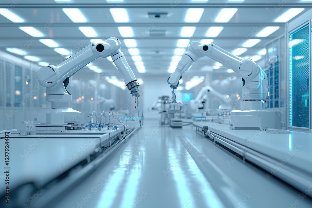 Poster automated assembly line with robotic arms in a modern, high-tech factory, showcasing precision manuf