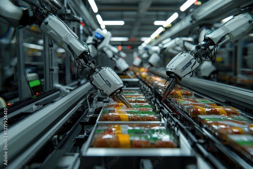 Poster automated food packaging line with robotic arms precisely filling containers, representing modern fo