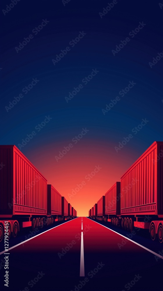 Poster a stylized image of red freight containers lining a road, set against a gradient sunset, creating a 