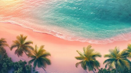 Obraz premium Aerial shot of tropical coastline featuring palm trees and sandy beach illuminated by a vibrant sunset over calm ocean waters