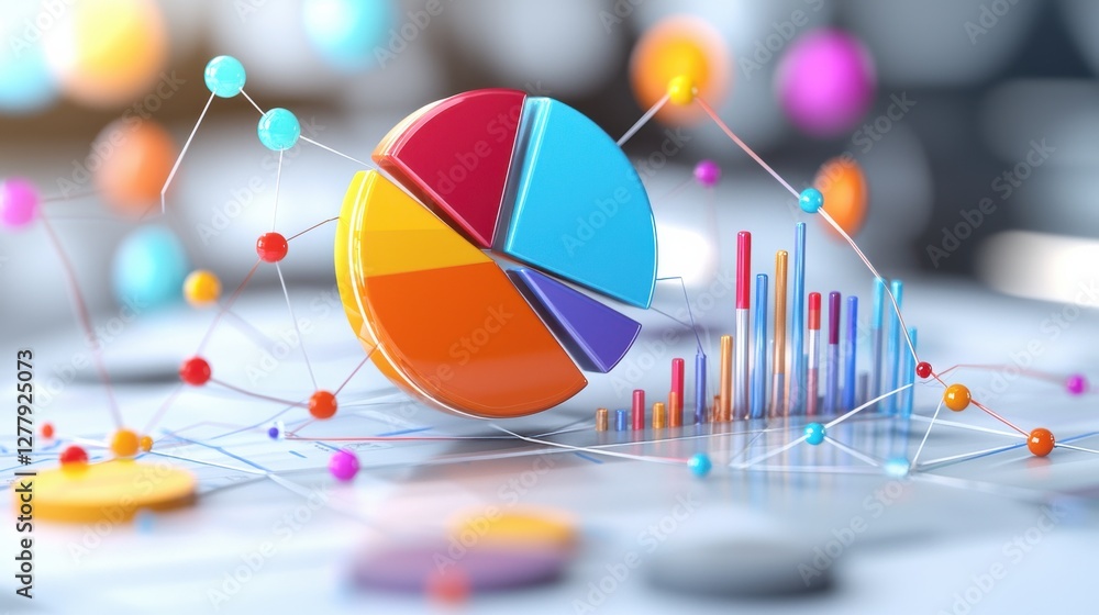 Poster colorful pie chart and bar graph data visualization on table with accessories