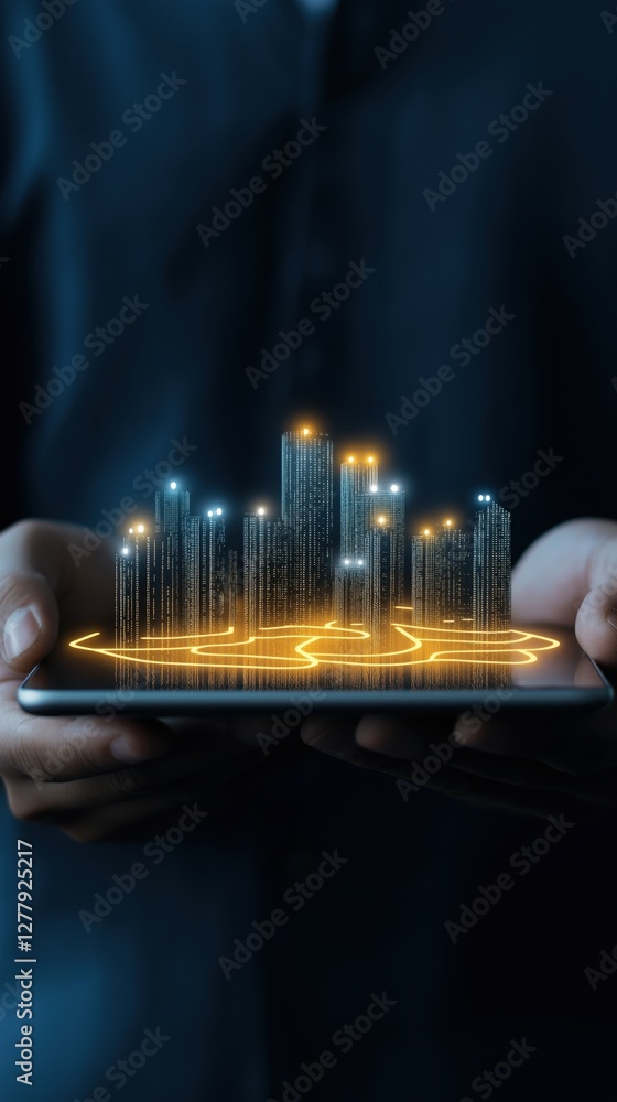 Poster a person holds a tablet displaying glowing data visualization, representing technology, analytics, a