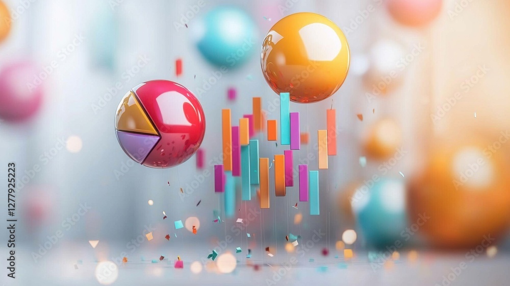 Poster captivating colorful abstract 3d geometric spheres and shapes in motion on gradient background