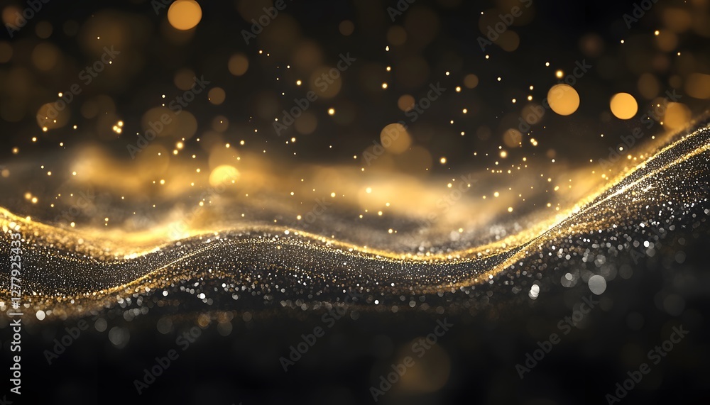 Poster golden shimmering waves flowing across a dark and mysterious background