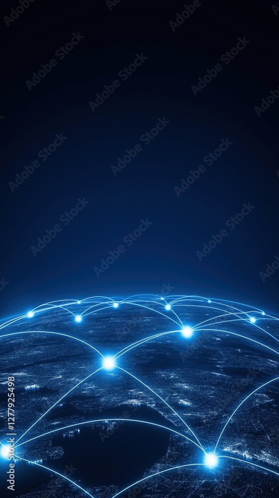 Poster a digital representation of a networked globe, featuring glowing connections against a dark backgrou