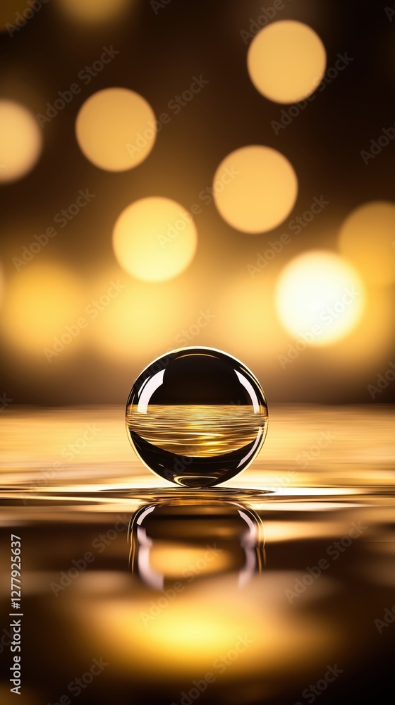 Poster a reflective sphere sits on a shimmering golden surface, surrounded by soft bokeh lights, creating a