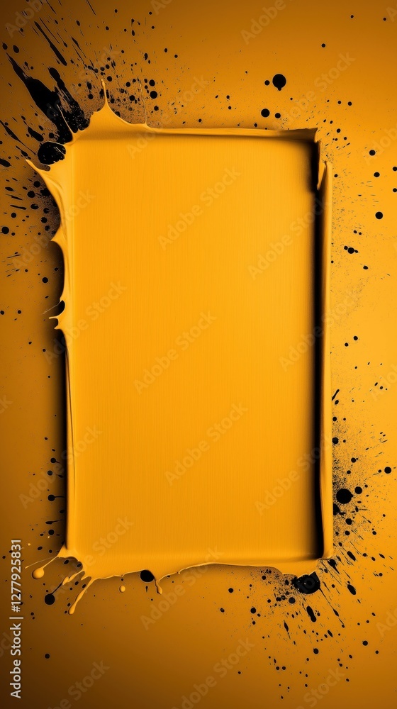 Poster a vibrant, yellow background with a textured border and paint splashes, creating a dynamic and creat