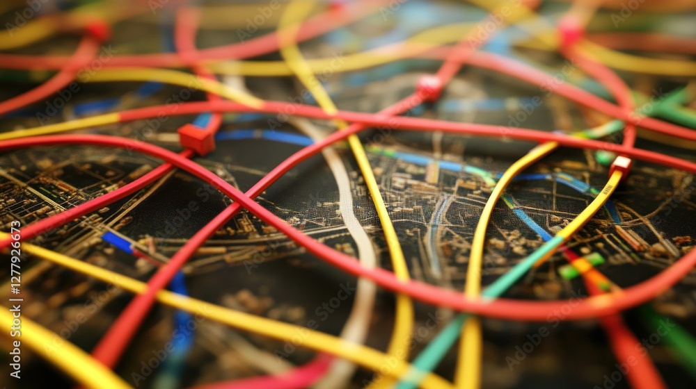 Poster colorful interconnected lines create a network over city map