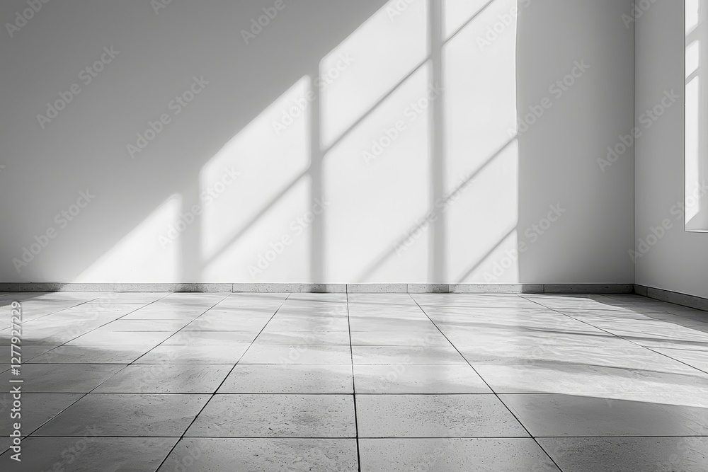 Poster empty sunlit room with tiled floor and soft shadows from windows