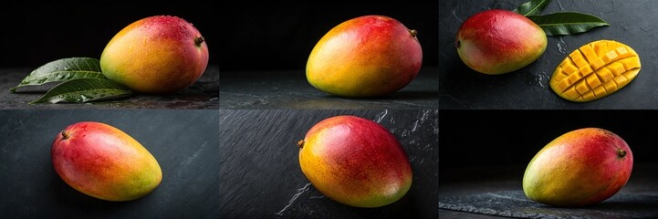 A close up of a variety of different colored mangoes. The image is a collage of six different colored mangoes, each with a different shade of red