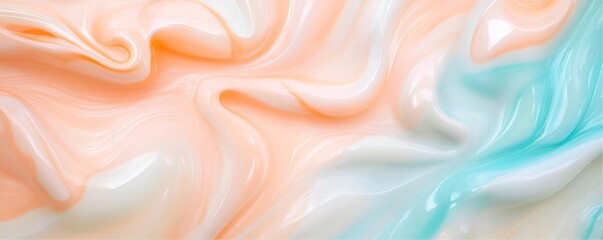 A calming resin art piece with pastel shades of peach, baby blue, and cream swirled in a fluid design.
