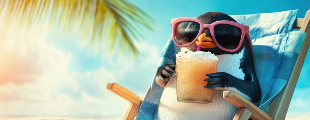 Chill Penguin with Drink: A penguin, basking in the sun, chilling on a beach chair, wearing sunglasses and enjoying a refreshing beverage with a tropical vibe.