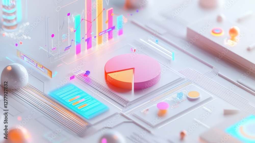 Poster pastel colored digital data analytics dashboard with infographic charts and graphs