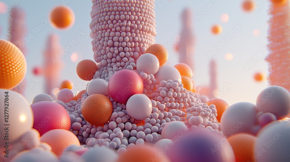 Poster mesmerizing spherical formations in vivid kaleidoscopic patterns surreal digital 3d render