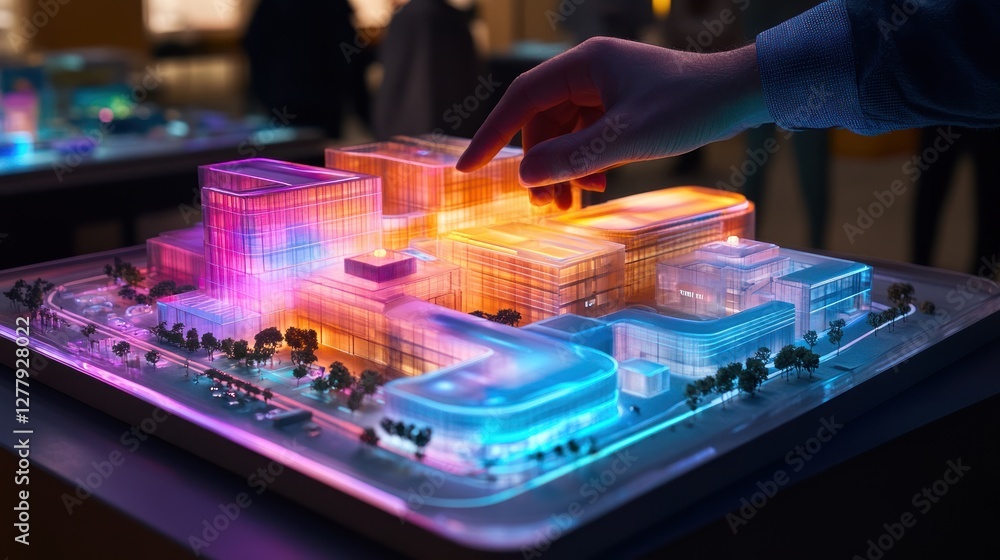 Poster a hand interacts with an illuminated architectural model display