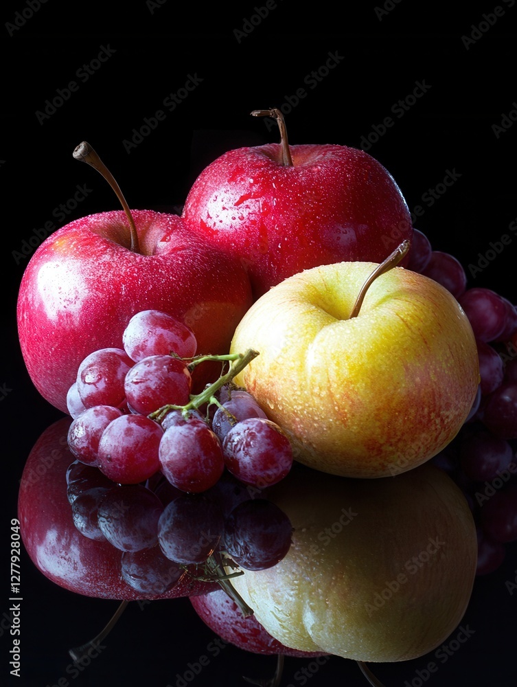 Poster fresh apples and grapes still life on reflective surface capturing vibrant colors and textures in da