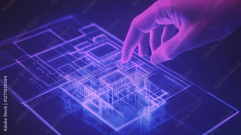 Poster a finger interacts with a digital architectural blueprint on display