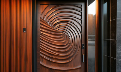 Elegant front entrance featuring a custom-crafted mahogany door exuding sophistication and timeless architectural beauty gracefully