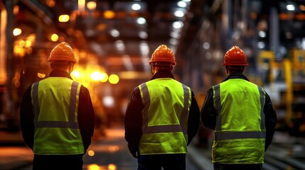Construction Workers in Safety Vests and Hard Hats at Sunset