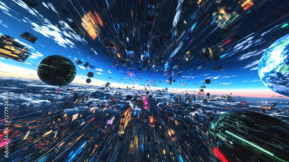 Poster a futuristic cityscape floating in space with planets and clouds