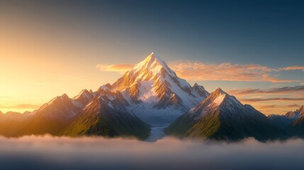 Majestic snow capped mountain peak at sunset above cloudscape Breathtaking alpine landscape