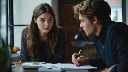 young couple intensely focused on a project together, showcasing teamwork and collaboration