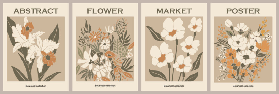 Set of abstract Flower Market posters. Trendy botanical wall arts with floral design in sage green colors. Modern naive groovy funky interior decorations, paintings. Vector art illustration.