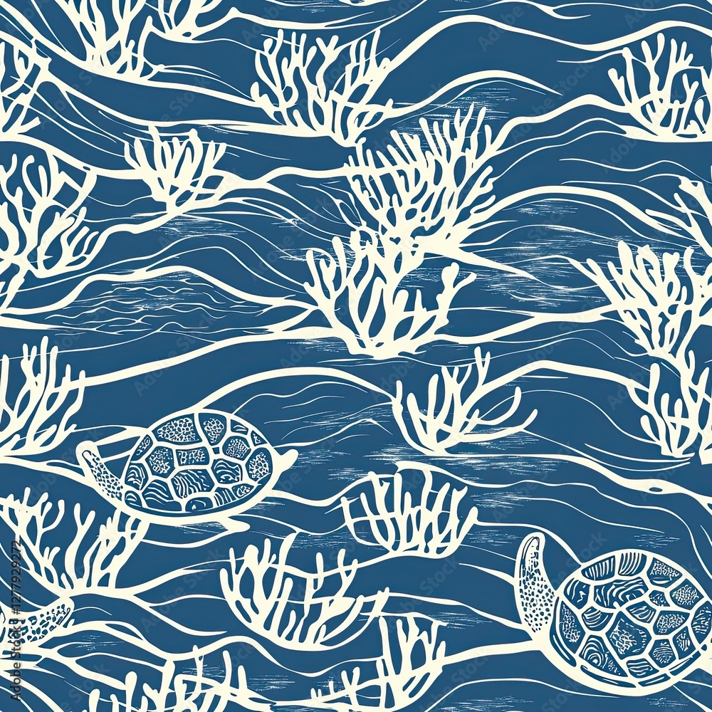 Poster oceanic turtle shell pattern azure waves and coastal motifs