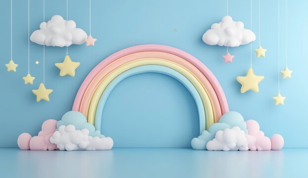 Pastel rainbow backdrop, stars, clouds, room, nursery decor
