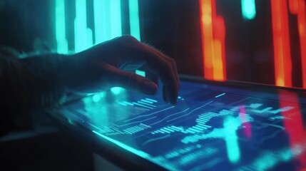 A hand interacts with a holographic display showing data visualizations