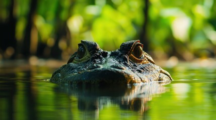 Fototapeta premium Alligator peeks out of the water with reflection visible