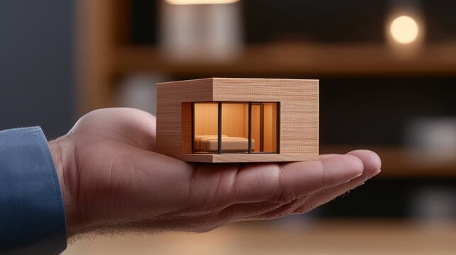 Hand Holding Modern Minimalist Wooden House Model Small Home Real Estate Concept