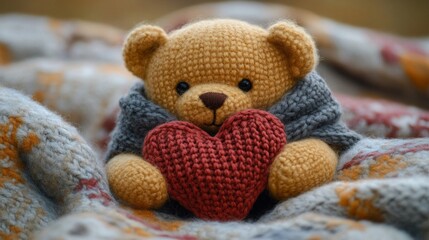 Adorable Knitted Teddy Bear Holding a Heart on Cozy Blanket