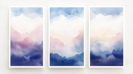 Dreamscape Trio: A series of three watercolor paintings create a tranquil atmosphere. Each piece showcases soft hues of blue, pink, and gold. Evoking feelings of peace and serenity.