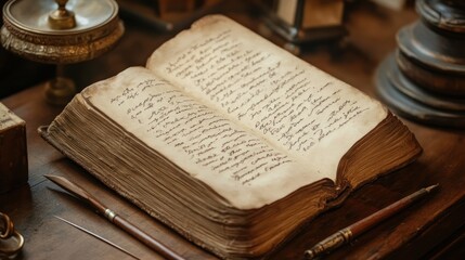 Antique handwritten book lies open on a wooden desk