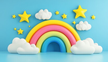 Rainbow, stars, clouds, blue background, 3D render, children's decor