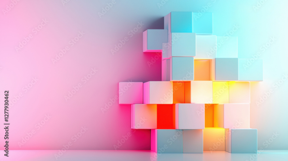 Poster vibrant geometric cubes abstract background with pastel gradient tones in digital 3d rendering